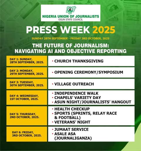The Nigeria Union of Journalists, Ogun State Council has announced activities to mark this year's Press Week